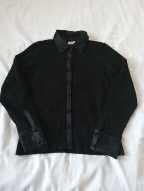Sutton Studio Black Button-Front Cashmere Sweater with Satin Collar